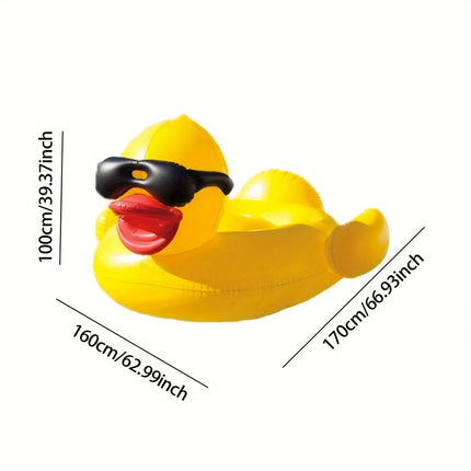 1pc Big Yellow Duck Floating Raft, PVC Inflatable Water Toy With Two Beverage Holders，party，family，pool