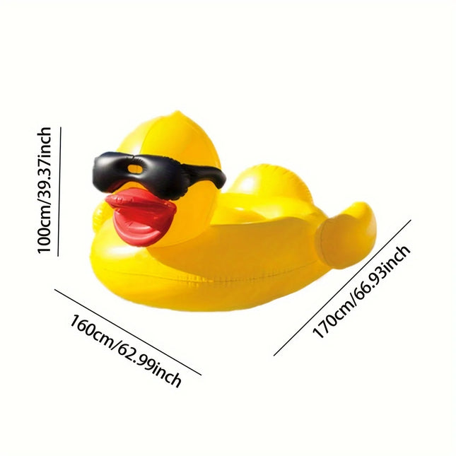 1pc Big Yellow Duck Floating Raft, PVC Inflatable Water Toy With Two Beverage Holders，party，family，pool