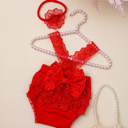 Ylsteed Newborn Photography Outfits Big Bowknot Baby Lace Romper with Hairband Blue Suspender Trousers Photo Shooting Overalls