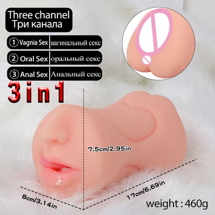 Realistic 3 in 1 Male Masturbator Cup Mouth Vagina Anal 3 Holes Deep Throat Blowjob Pocket Pussy Airplane Cup Sex Toy for Men