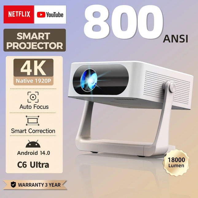 Fintex C6 Ultra Projector 4K FullHD 18000 Lumen 1080P HDR10 Projector 800 ANSI AndroidTV14.0 ASA3.0 AutoFocus Portable Projectors