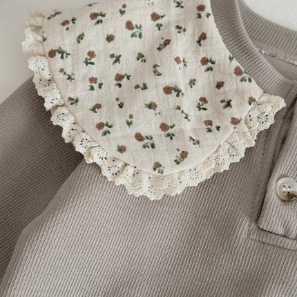 Spring Fall 1-3 Years Baby Girl Outfit Warm Ribbed Fabric Khaki Sweatshirt + Pant Set Lace Trim Casual Toddler Clothes