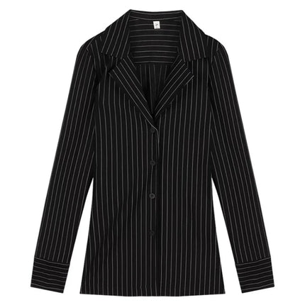 Slim Fit Striped Long Sleeve Women's V-Neck Waist Cinched Midi Top Black White New Arrival Autumn 2024 Commute Style