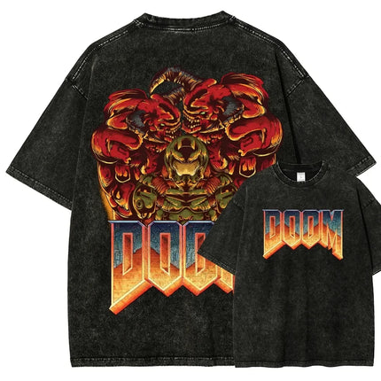 Classic Retro Shooting Game DOOM Peripherals Graphic Print T-shirt Men Women Vintage Washed Cotton Tee Oversized Casual New Tops