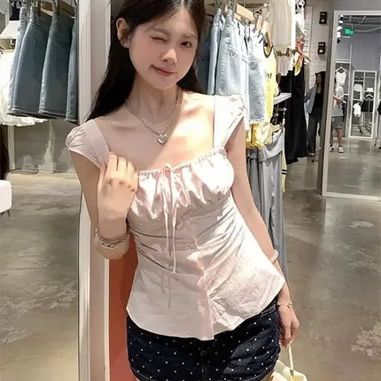 Pure Desire Pink Square Collar Short Sleeve Women's Shirt Summer Slim Fit Sweet And Spicy Girl High End Versatile Casual Waist C