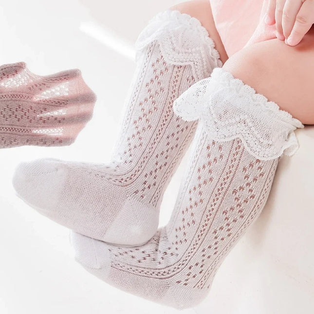 Baby Lace Princess Knee High Socks Kids Girls Boys Long Sock Cotton Mesh Breathable Children Hollow Out Socks for 0-3 Years Old