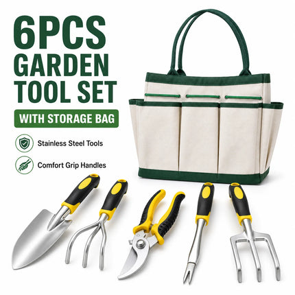 6PCS Garden Hand Tool Set with Storage Bag, Trowel Rake Fork Weeder Pruning Shears Kit for Planting Weeding Transplanting