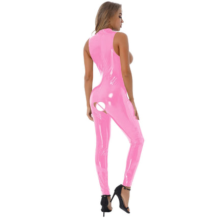 Womens Open Cups Skinny Jumpsuits Glossy Patent Leather Crotchless Bodysuit Mock Neck Sleeveless Latex Catsuit Erotic Clubwear