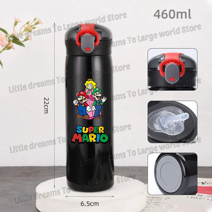Super Marios Bros 460ml Thermal Cup Men Women Anime Black Straw Bottle Bouncing Lid Portable 304 Stainless Steel Thermo Bottles