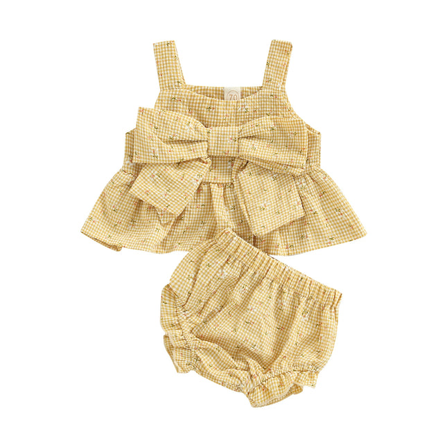 Baby Girls Infant Two Piece Set, Sleeveless Floral Plaid Pattern Bow Decor Camisole Elastic Waist Shorts