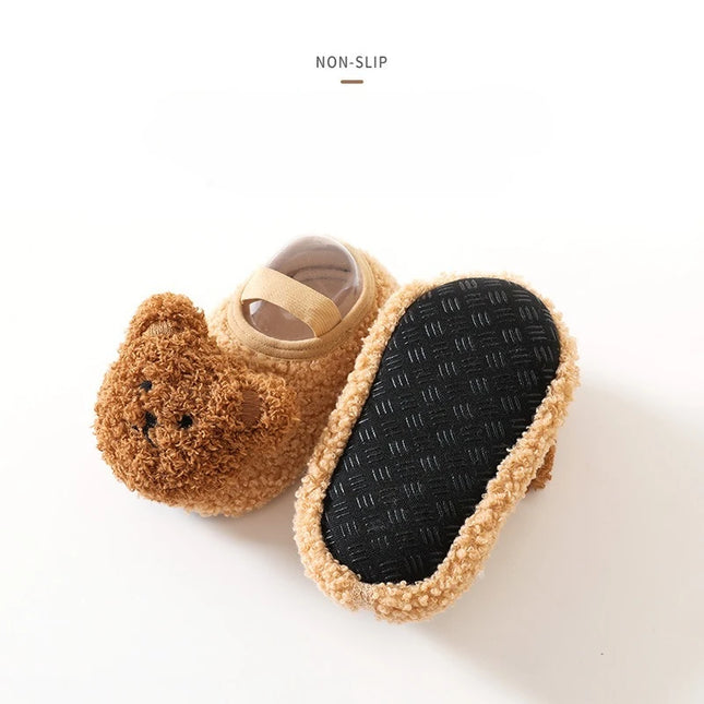 Cartoon Bear Baby Shoes Winter Thick Warm Newborn Shoes Non-slip Soled Soft Plush Toddler Kids Boy Girls Infant First Walkers