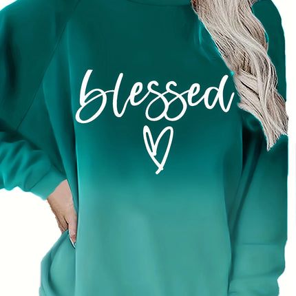 Plus Size Spring Casual Sweatshirt, Women's Ombre & Letter & Heart Print Raglan Sleeve Round Neck Slight Stretch Pullover Top