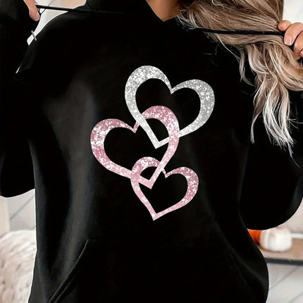 Women's Black Glitter Heart Print Hooded Sweatshirt Loose Fit Casual Pullover with Front Pockets Fashion Sweatshirt Unisex