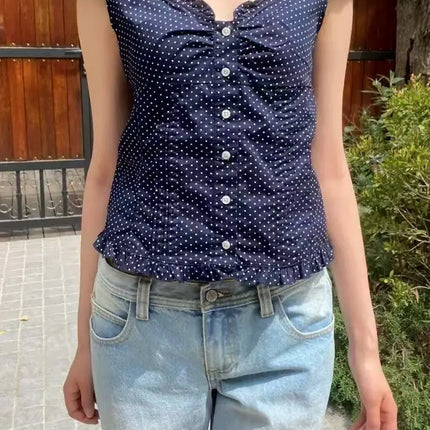 Blue Striped Folds Blouse Top Women New Casual Single Breasted Ruffle Sleeveless Tank Tops Vest Sweet Preppy Style Camisole Y2K