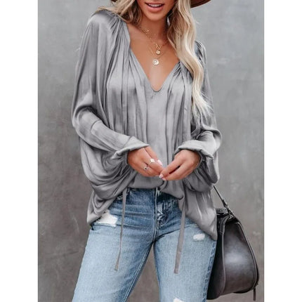 Plus Size Fashion Long Sleeve V Neck Office Casual Shirt Women Elegant Simple Loose Blouse Ladies Pleated Solid Color Top
