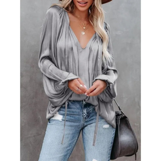 Plus Size Fashion Long Sleeve V Neck Office Casual Shirt Women Elegant Simple Loose Blouse Ladies Pleated Solid Color Top