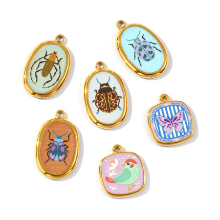 2 Pcs 304 Stainless Steel Insect Charms Oval Printed Ladybug Beetle Bird Butterfly 18K Gold Plated Pendants For DIY Necklace