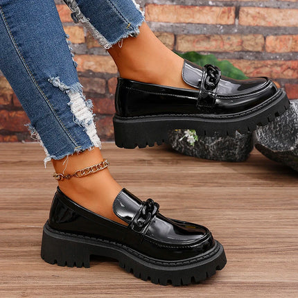 Women's Platform Loafers with Chain Decor Fashion Preppy Style Dress Shoes Woman Patent Leather Slip On Ladies Flats Plus Size