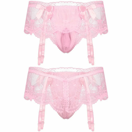 Sexy Men's Panties Sissy Lace Transparent Bowknot Lingerie Men Bulge Pouch Briefs Underwear Pump Man Briefs With Garter