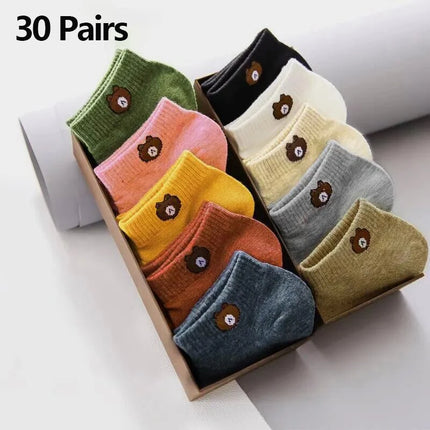 10/20/30 Pairs Women Low Tube Socks Set Cute Bear Pattern Fashion Breathable For Female Casual Style Comfortable Socks