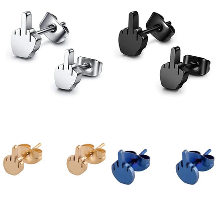 Stainless Steel Black Middle Finger Up Women Men Ear Jewelry Studs Earring Vintage Punk Cool Gold Silver Plated Серьги Женские