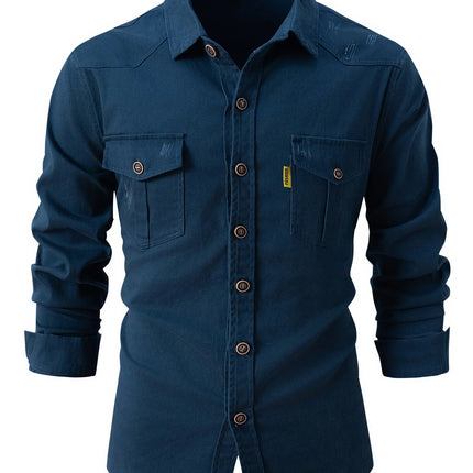 Fashion Men's Business Casual Long Sleeve Shirt with Double Pockets Turn-down Collar Office Work Wear Outdoor Utility Clothing