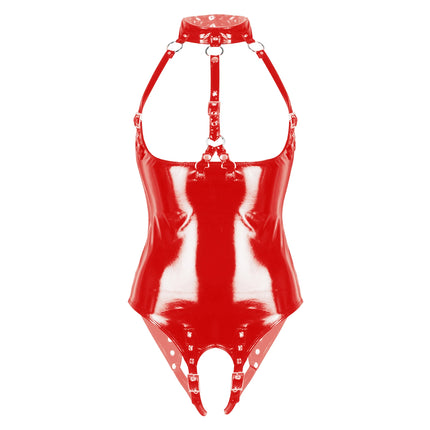 Women Latex Lingerie Teddy Bodysuit Club Dance Party Pornor Erotic Costume Wetlook Patent Leather Open Cup Crotch Open Leotard