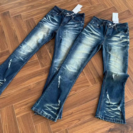 Luxury Jeans for Man Original 2026 Wind Heavy Water Wash Dark Blue Washed Cat Beard Jeans Slightly Slim Fit Old Long Pants Men