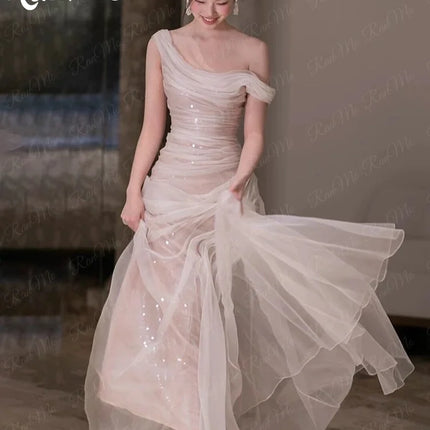 Ranmo 2025 Modern Tulle Mermaid Wedding Party Dresses One Shoulder Pleat Prom Gown Floor-Length Customized Formal Party Dress
