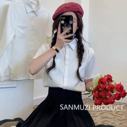 Summer White Loose Fit Shirt American Versatile Salt Series All-Match Pure Color Simple Slimming Student Top Women's Fashion