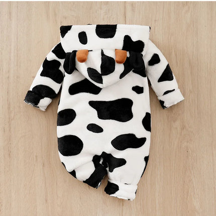 Newborn BoyGirlBaby CuteCartoonCow Flannel ThreeDimensional Ear Comfortable FullPrint SimpleCasual SpringAndAutumn Baby Jumpsuit