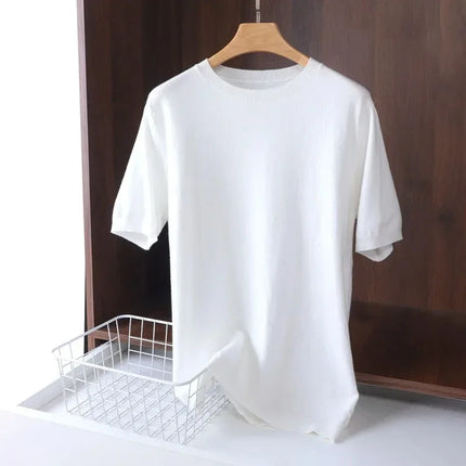 2025 Superfine Merino Wool T-Shirt Men's Knitted O-neck Breathable Thin Cashmere Short Sleeve Tee Solid Color Tops