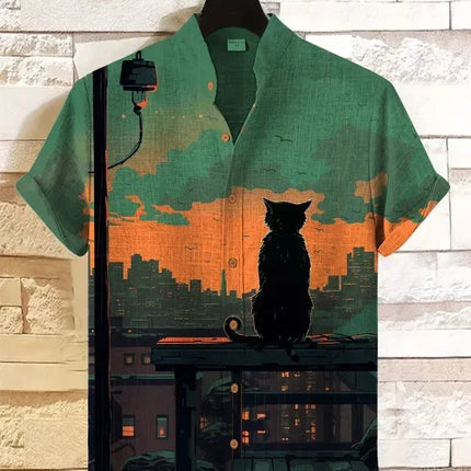 Summer Men's Retro Cartoon Anime Cat Theme Short Sleeve Shirt Short Sleeve Tops Fashion Casual Vacation Streetwear Men's Shirt