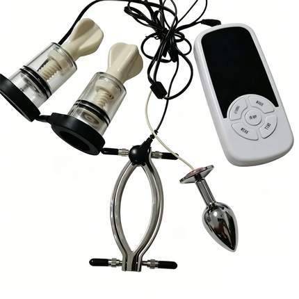 Female Labium Clamps Metal Nipples Clips Clitoris Breast Sucker Pumps 6 Modes Electric Shock Anal Butt Plug Sex Toys for Women