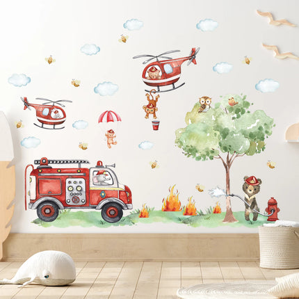 Cartoon A GrouCartoon Animal Fireman Helicopter Fire Truck Wall Stickers for Kids Room Bedroom Nursery Decoration Wall Decals