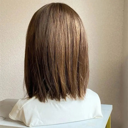 Short Straight Bob with Bangs Ombre Chocolate Brown with Blonde Streaks Synthetic Lace Front Wig Heat Resistant Fibre Wig Daily