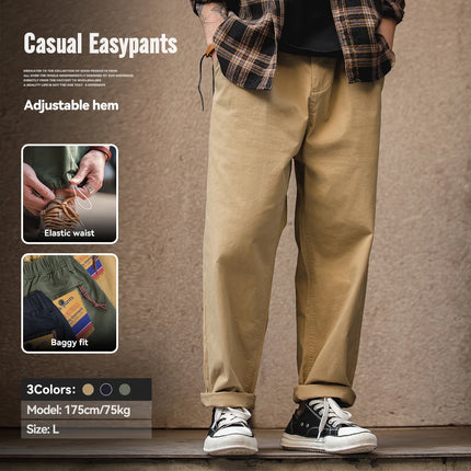 Maden Vintage Khaki Easy Pants Men's Casual Elastic Waist  Straight Trousers Skateboarding Jogger Ankle-tied Drawstring Pants
