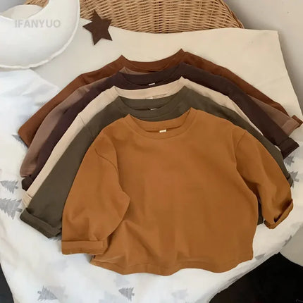 1-7Y Kids Cotton Shirt Solid Caramel Coffee Color Children's 2025 Autumn New Boys Girls Cotton Stylish Long Sleeved T-shirt