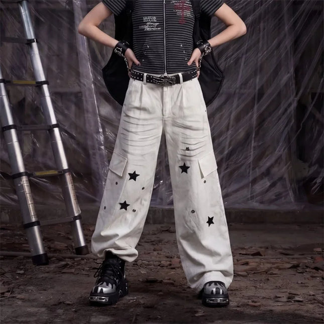 2026 Autumn High Street Fashion Y2K Baggy Straight Jeans For Men Star Graphic Printed Distressed Multi-Pocket Cargo Denim Pants