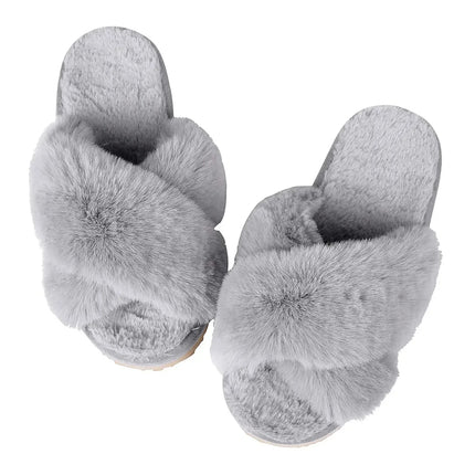 Evshine Women Fuzzy Slippers Fashion Cross Band Memory Foam House Slippers Indoor Outdoor Open Toe Plush Slides Casual Flat Shoe