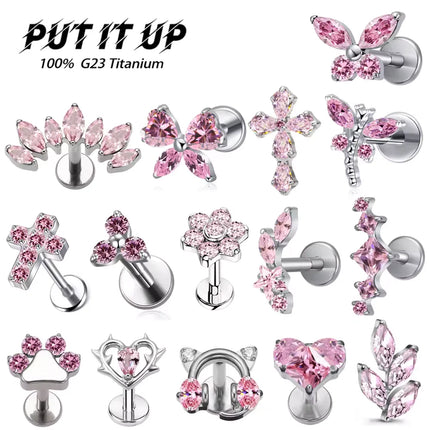 High-Quality F136 Titanium Alloy Pink Zirconia Stud Earring Set Fashionable Cartilage and Lip Piercing Jewelry for Men and Women
