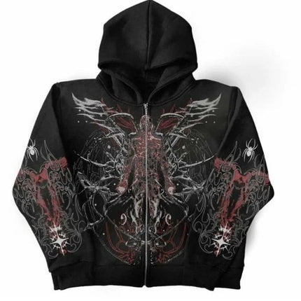 90s Tapout Gothic Zip Up Hoodies Skull Cross Wings Graphic Print Dark Streetwear Black Hooded Sweatshirts Unisex Autumn Tops