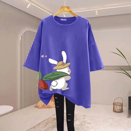 Women Clothing Fashion Rabbit Cartoon Print T-shirts Summer Pure Cotton O-neck Short Sleeve Basic Top Tee Casual Loose Pullovers