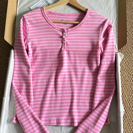 Pink Striped Collection Tshirt Women Simple Casual Cotton Buttons T-shirts Sweet Cute Preppy Style Camisole+Slim Short Pants Y2K