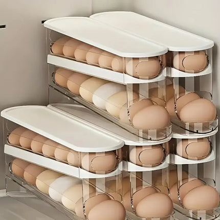 Bilayer Fridge Egg Storage Box Ladder Style Automatic Rolling Egg Holder Rack Refrigerator Dispenser Egg Organizer