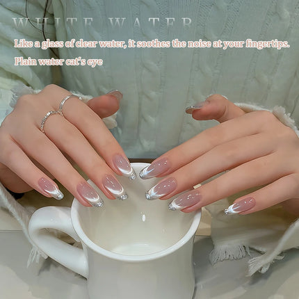 Icy Clear White Cat Eye Nail Polish Gel, French Porcelain White with Glitter and Glass Bead Outline, Cat Eye Nail Art Gel