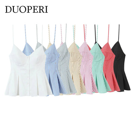 DUOPERI Women 2025 New Fashion Poplin Striped Backless Camisole Thin Straps V-Neck Female Chic Lady Casual Mujer Tops