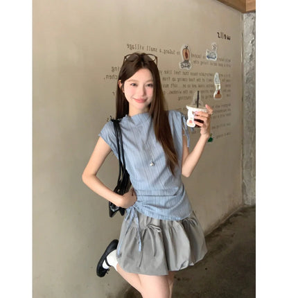 Blue Striped Drawstring Tie Women's Shirt Summer New Style French Stripe Design Modified Version Round Neck Sleeveless Dress