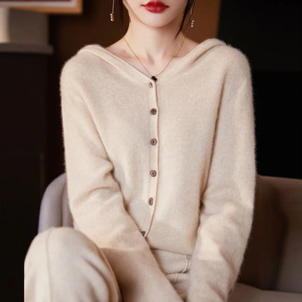 Women's Seamless Wool Hooded Cardigan Women's Autumn And Winter Loose Relaxed Long Sleeve Cashmere Knitted Large Top