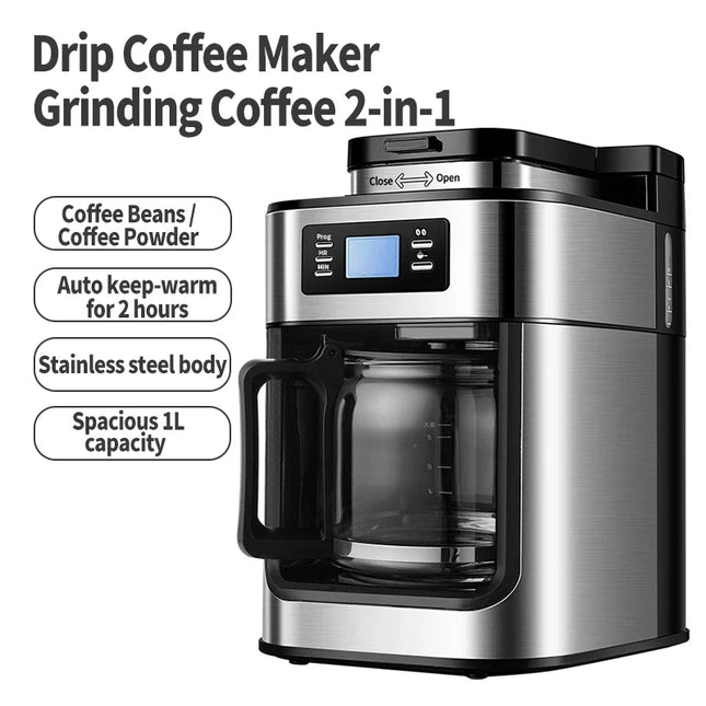 Fully automatic American coffee machine, can use coffee beans or powder, 2-in-1 electric grinding drip coffee machine